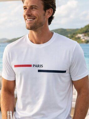Paris Minimalist Luxe Tee – White Red Navy Stripe Graphic – XL NWT Euro Style